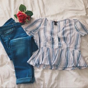SoSik Blue White Stripe Front Button Baby Doll Top